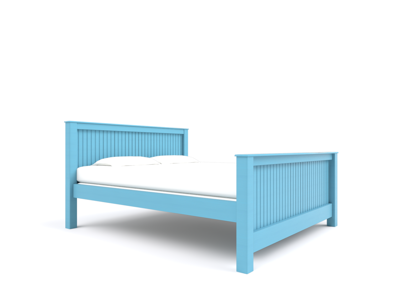 A blue wooden bed frame with a mattress on top