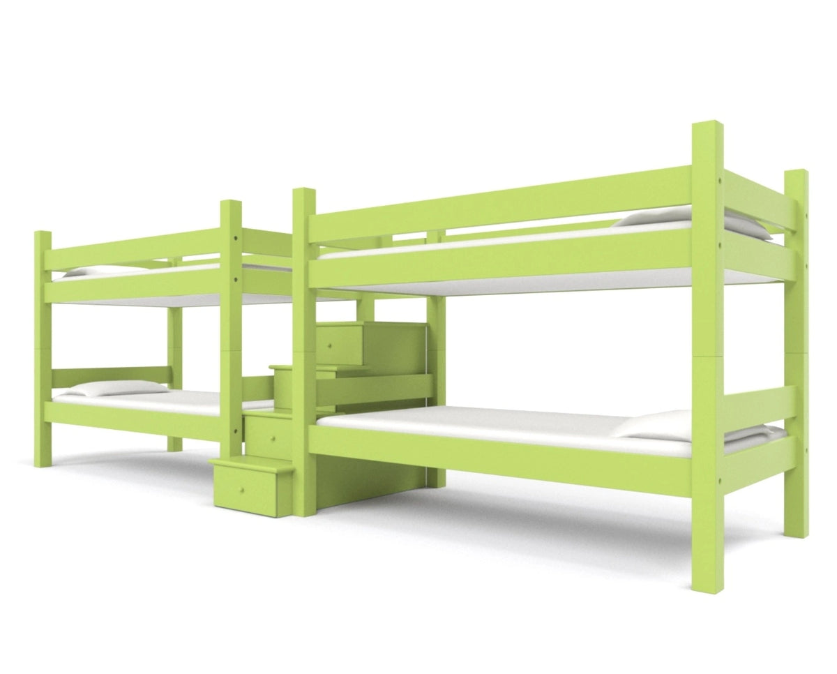 Two bright green twin over twin bunk beds with a matching staircase in between them