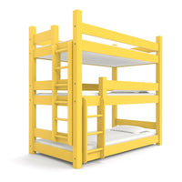 Triple twin bunk bed finished with a mustard yellow paint color