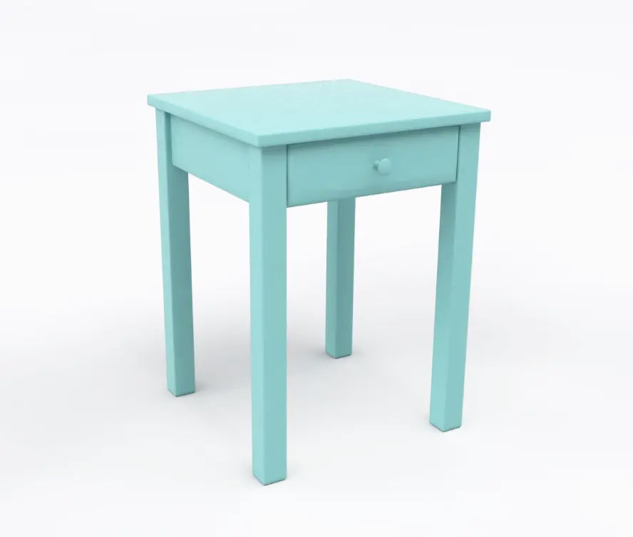 A light blue one drawer nightstand finished with a light blue paint color