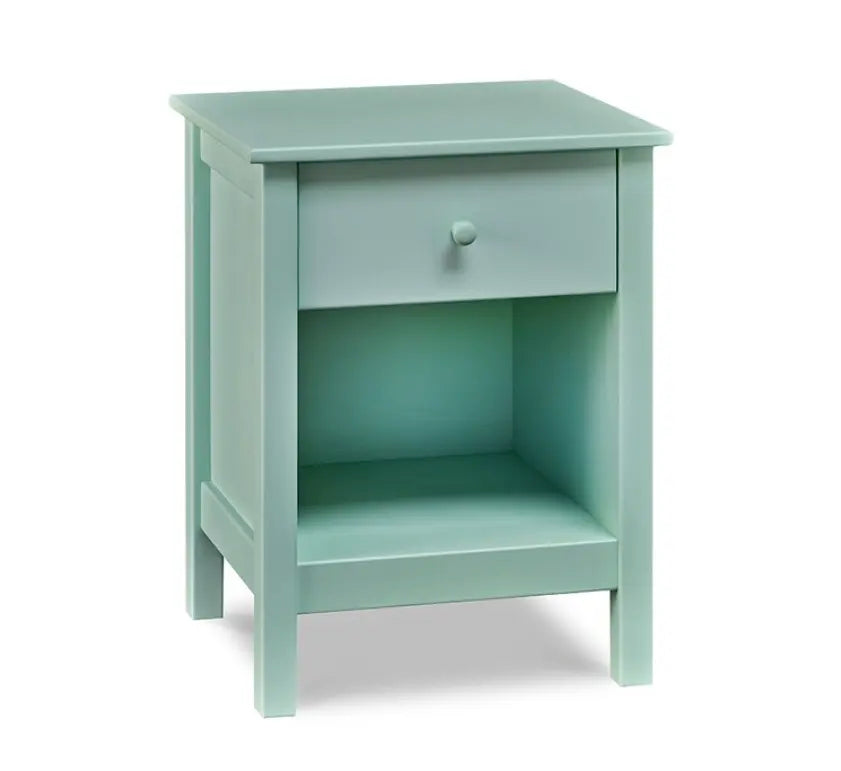 A one drawer night stand with an enclosed bottom finished in a light blue paint color