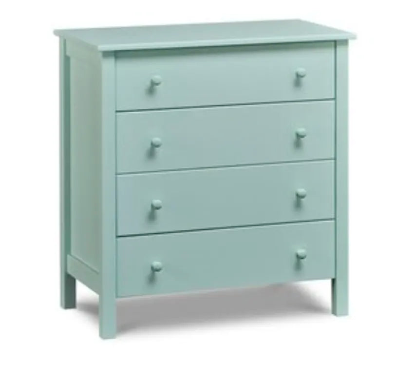 A four drawer dresser finished with a light blue paint color