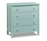 A four drawer dresser finished with a light blue paint color