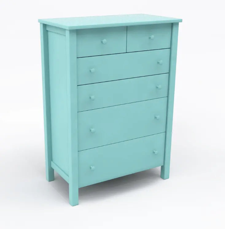A six drawer dresser finished in a light blue paint color