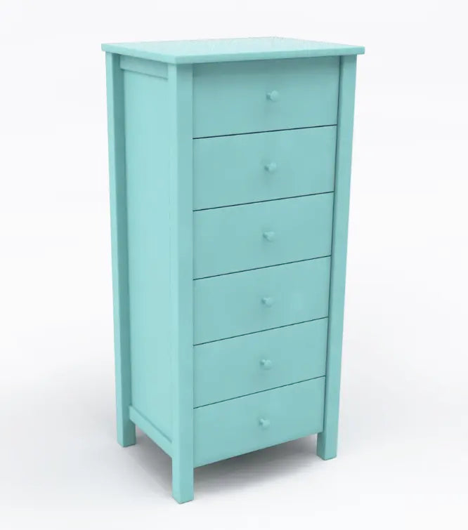 A six drawer bureau finished with a light blue paint color