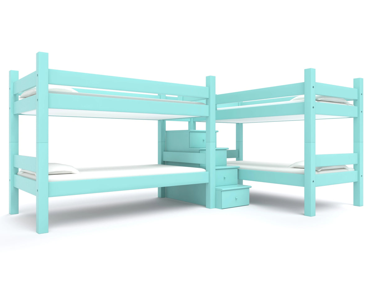 Two light blue twin over twin bunk beds with a matching staircase in between them