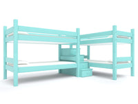 Two light blue twin over twin bunk beds with a matching staircase in between them