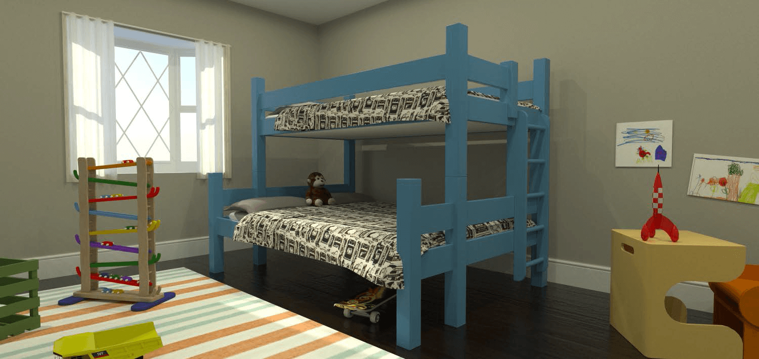 A custom blue bunk bed with a larger mattress underneath with a twin mattresses on top