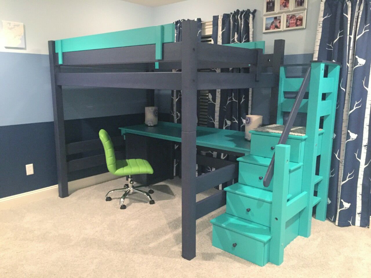 A green and black custom loft bunk bed from Maine Bunk Beds