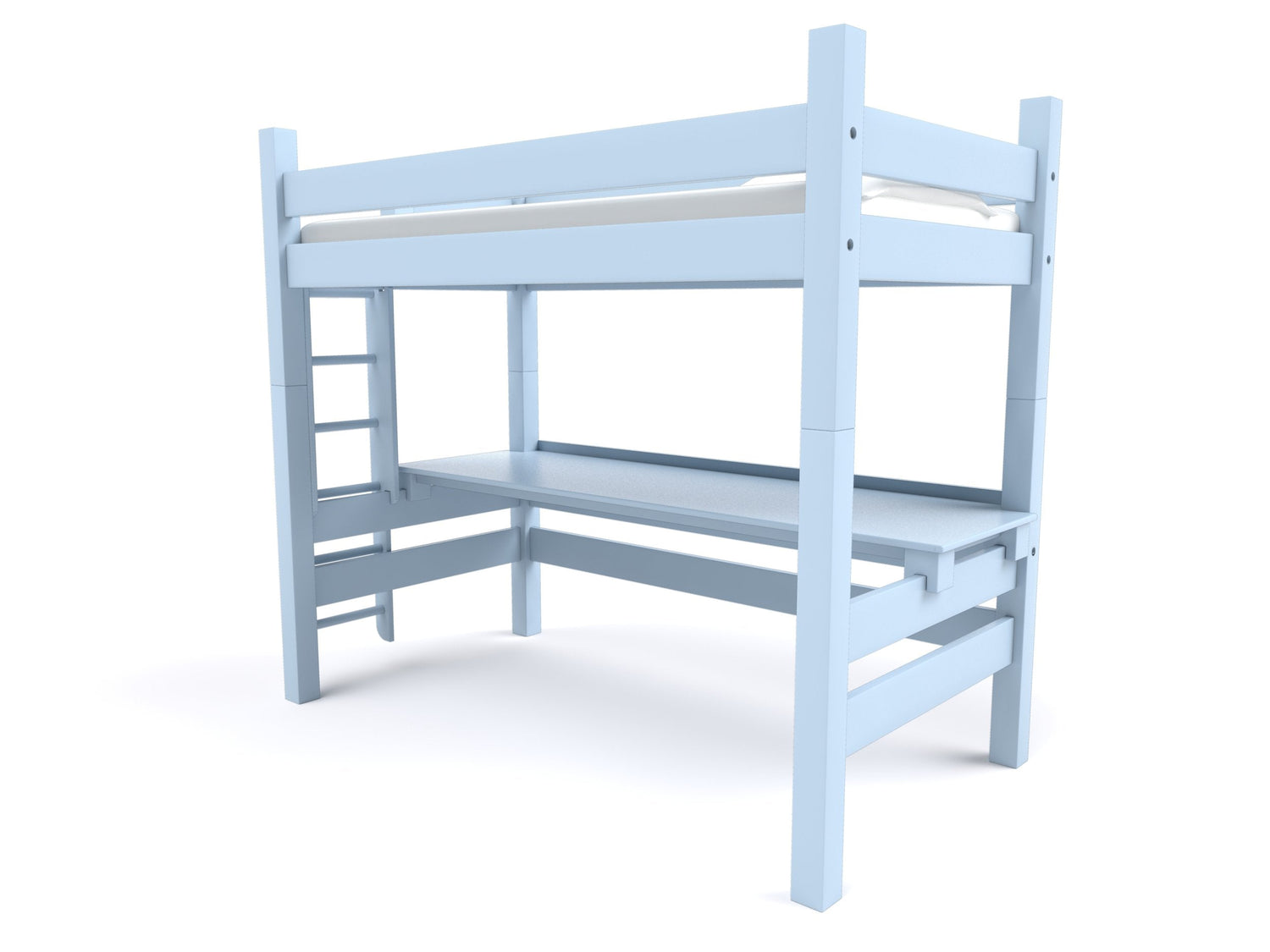 A loft bunk bed with a desk underneath crafted by Maine Bunk Beds