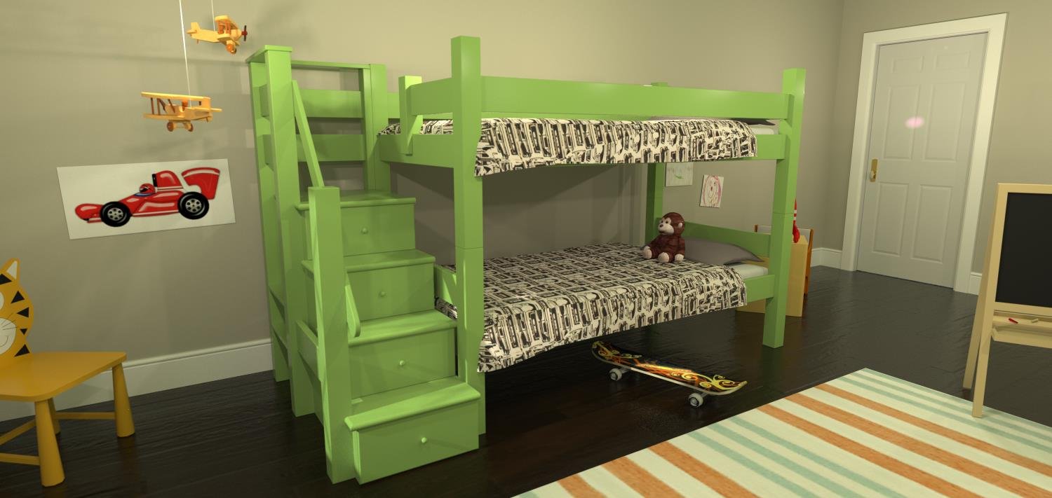 Maine Bunk Beds' green custom bunk bed with built in stairs