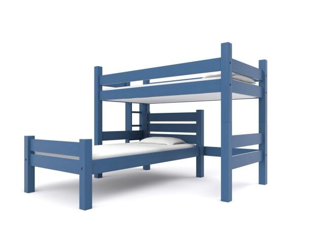 A custom blue loft bed from Maine Bunk Beds